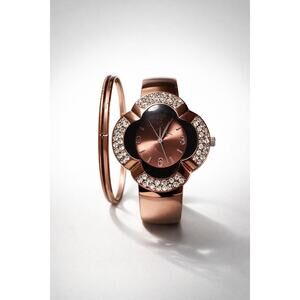 Copper Tone Rhinestone Flower Watch & Bangle Set Glam Statement